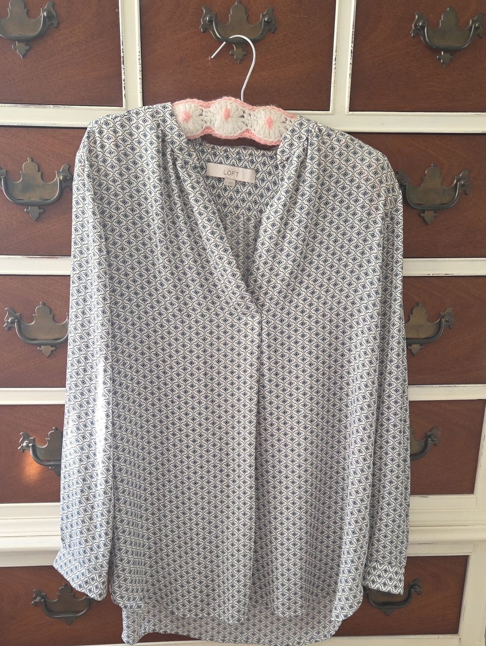 LOFT Navy and White Geo-Print Long Sleeve Blouse